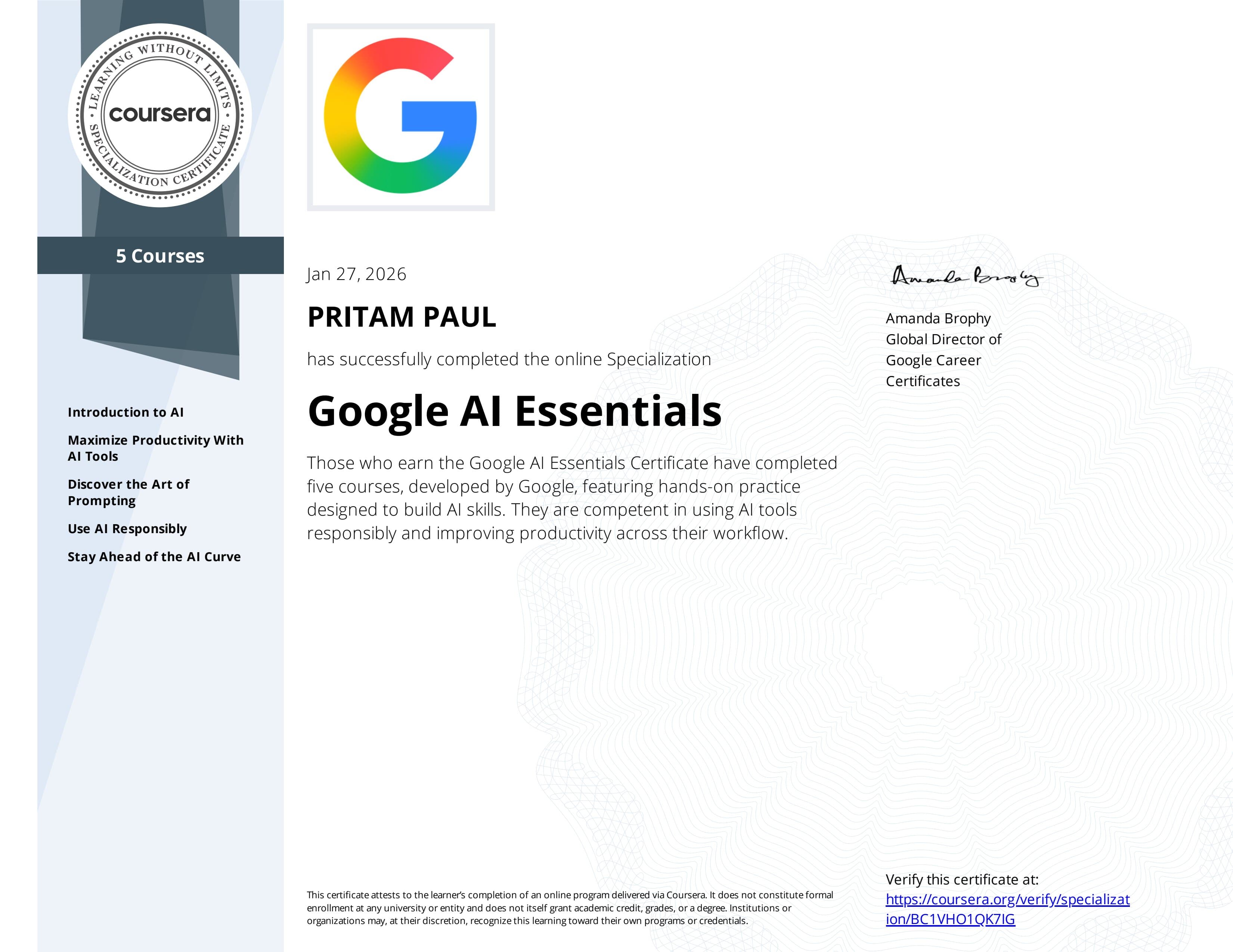 Google AI Essentials certificate