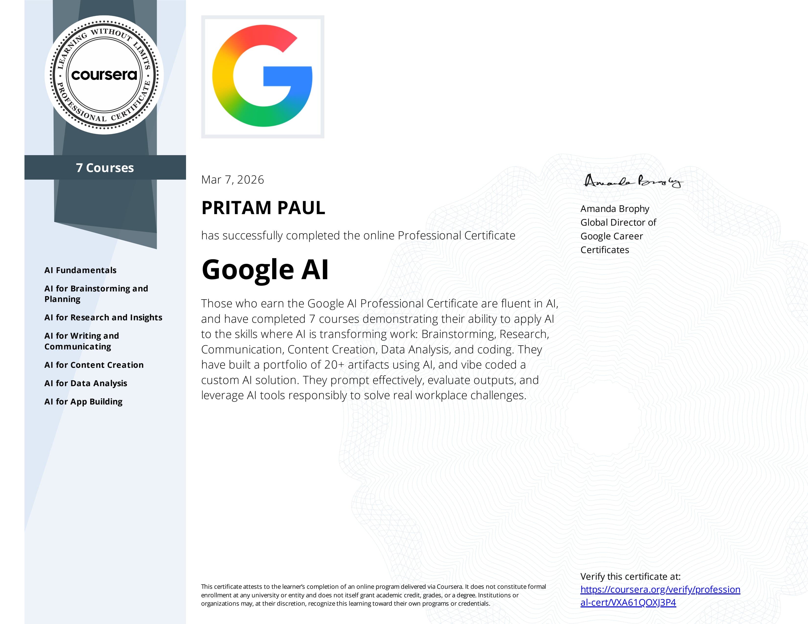 Google AI Professional Certificate certificate