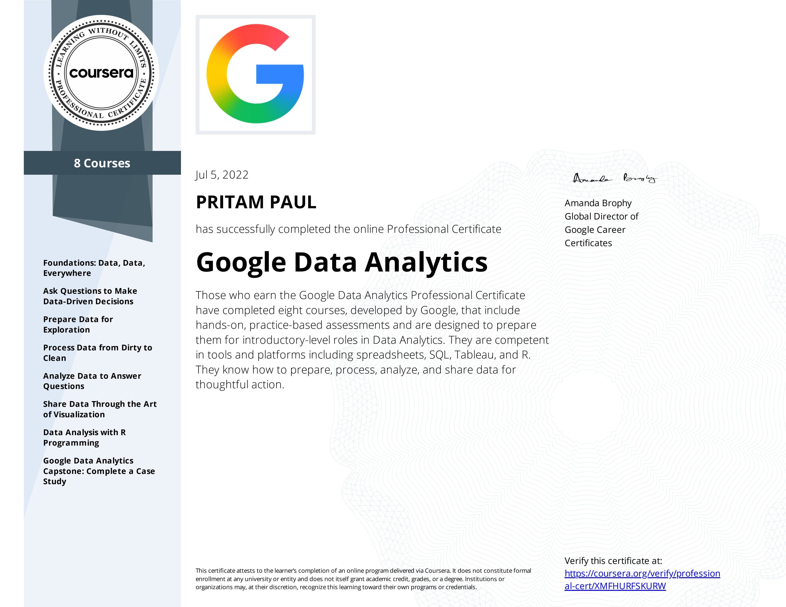 Google Data Analytics Professional Certificate certificate