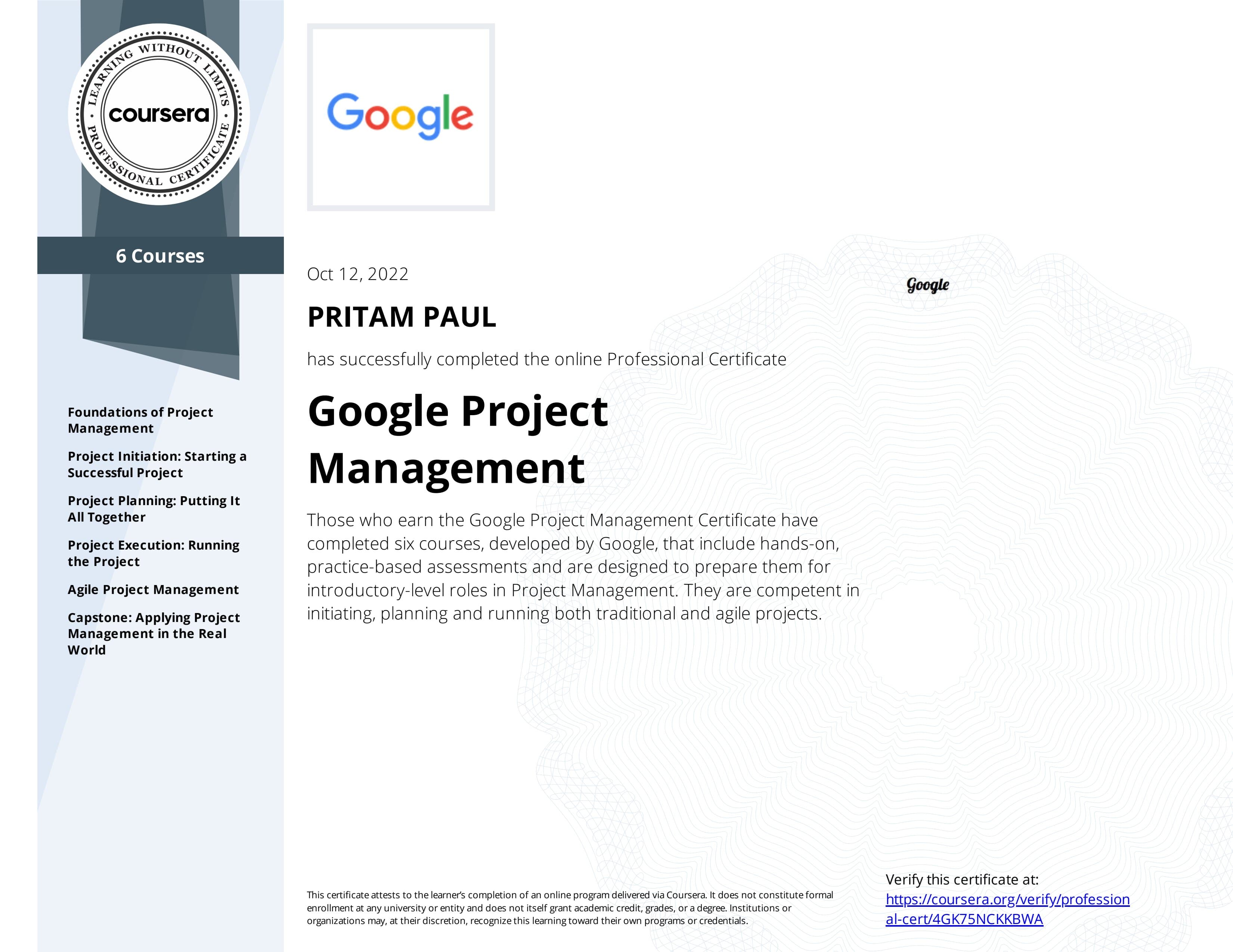 Google Project Management Professional Certificate certificate