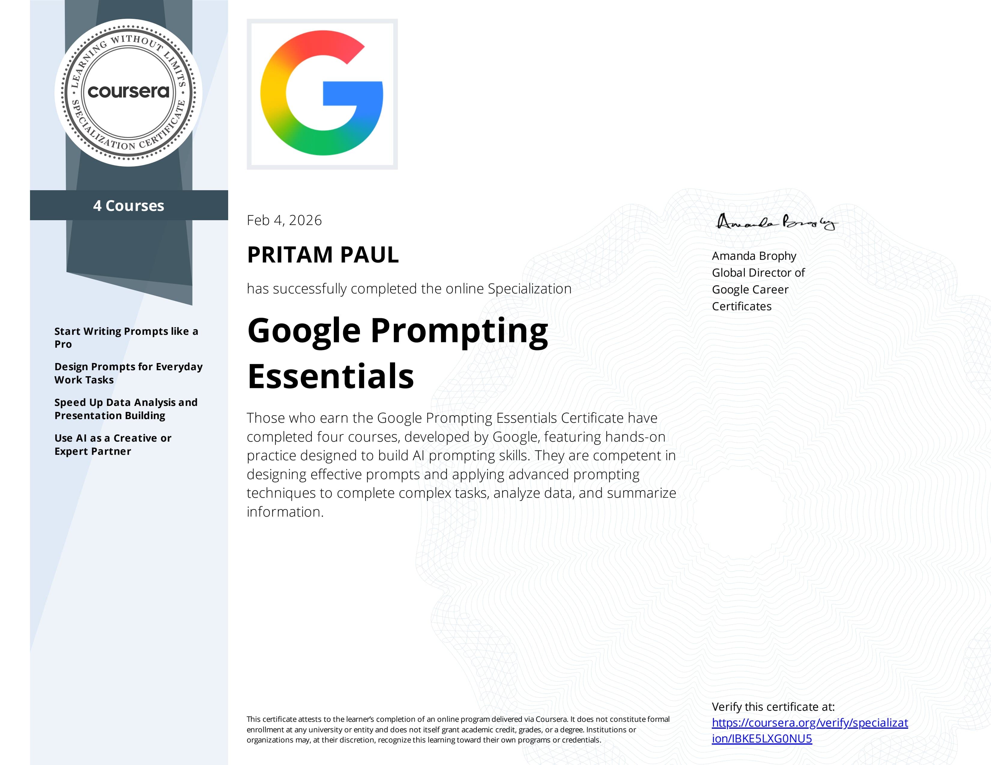 Google Prompting Essentials certificate