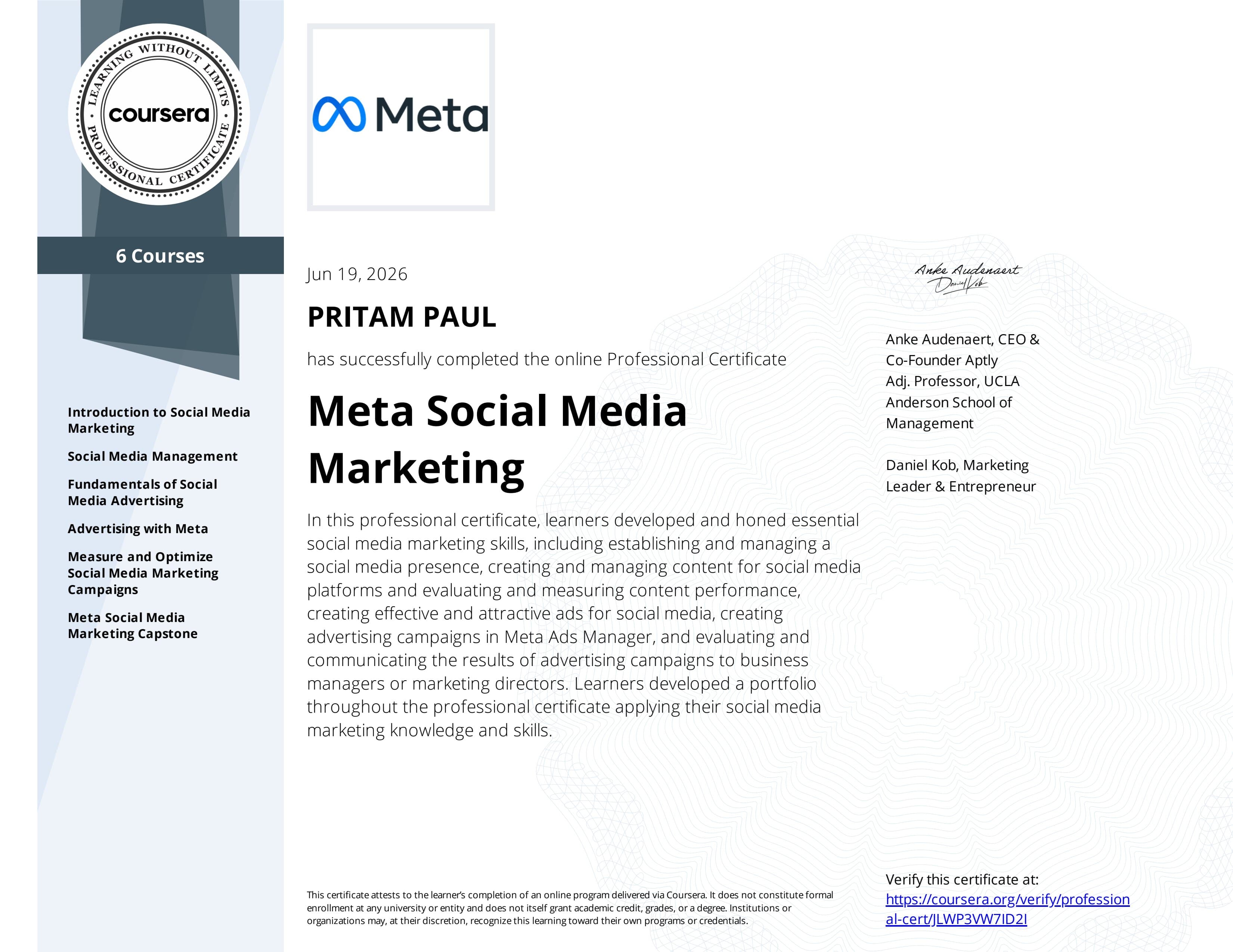 Meta Social Media Marketing Professional Certificate certificate